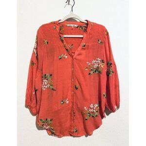 Figueroa Flower Anthropologie Top Womens Medium Coral Orange Floral Embroidered